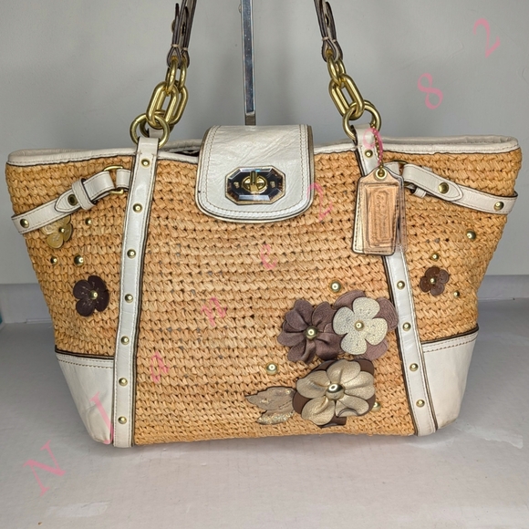 Coach Straw Floral Appliqué Tote Natalie Hampton 16763 Ivory Grey Stud Leather - Picture 3 of 16